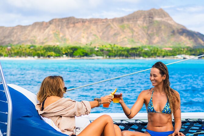 Board from Waikiki Beach for Aloha Hour Sail on Hāwea Catamaran - Waikiki from offshore, with Diamond Head ahead