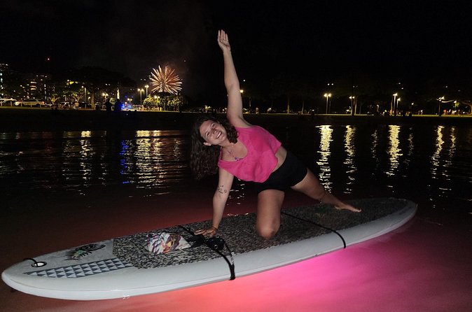 Night SUP Yoga and Fireworks at Magic Island - Watching the Hilton Hawaiian Village fireworks from the water